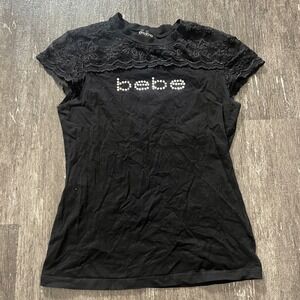 Y2K Bebe Black Rhinestone Logo Lace Trim T Shirt Top Women's Size M